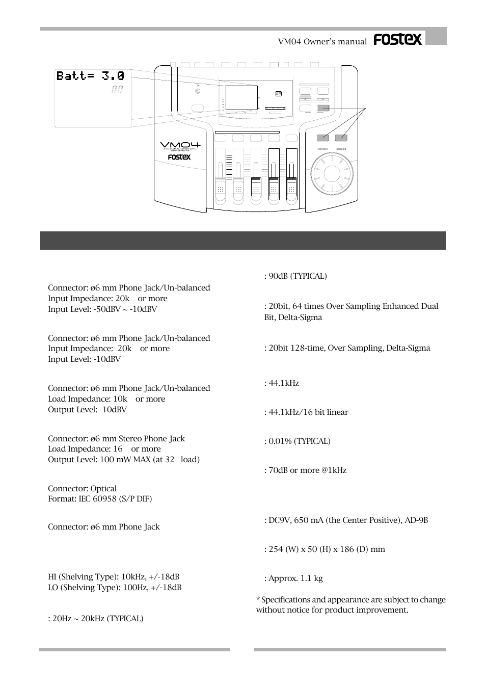 Specifications, Others, General | Input 1, 2, Input 3, 4, Out put (l/r), Phones out, S/p dif out, Equalizer, Frequency responce | Fostex VM04 User Manual | Page 27 / 27