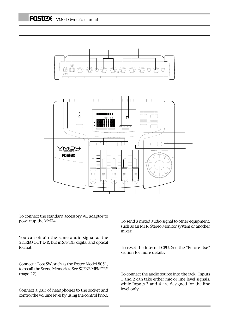 Names and functions, Dc inlet connector, S/p dif optical output connector | Foot sw jack, Headphone jack and its volume control, Stereo out l/r jacks, Reset sw, Input jacks, 6mm phone jack, un-balance), Vm04 owner’s manual | Fostex VM04 User Manual | Page 8 / 27