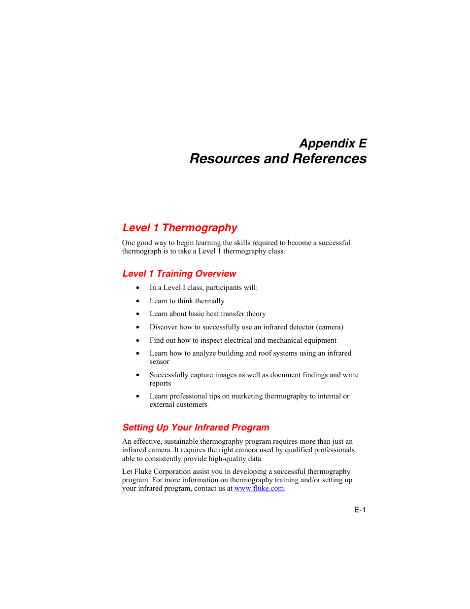E. resources and references, Level 1 thermography, Level 1 training overview | Setting up your infrared program, Resources and references, Appendix e | Fluke Ti45 User Manual | Page 118 / 135