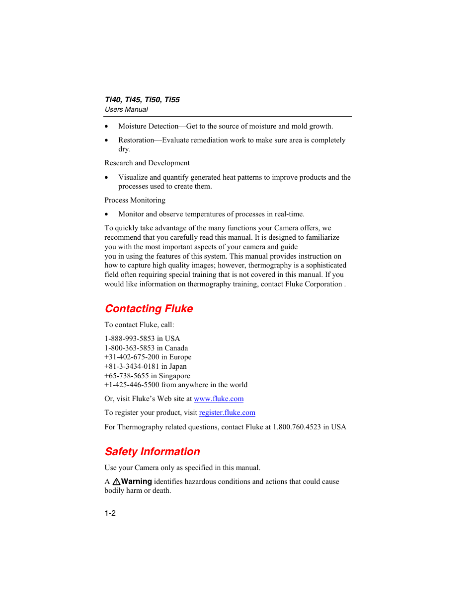 Contacting fluke, Safety information | Fluke Ti45 User Manual | Page 12 / 135