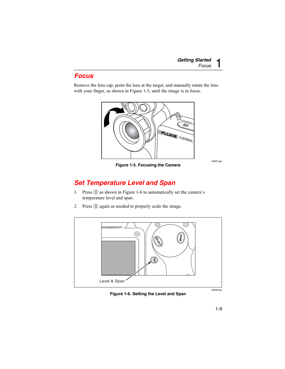 Focus, Set temperature level and span | Fluke Ti45 User Manual | Page 19 / 135