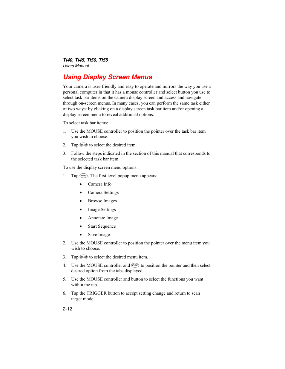 Using display screen menus | Fluke Ti45 User Manual | Page 34 / 135