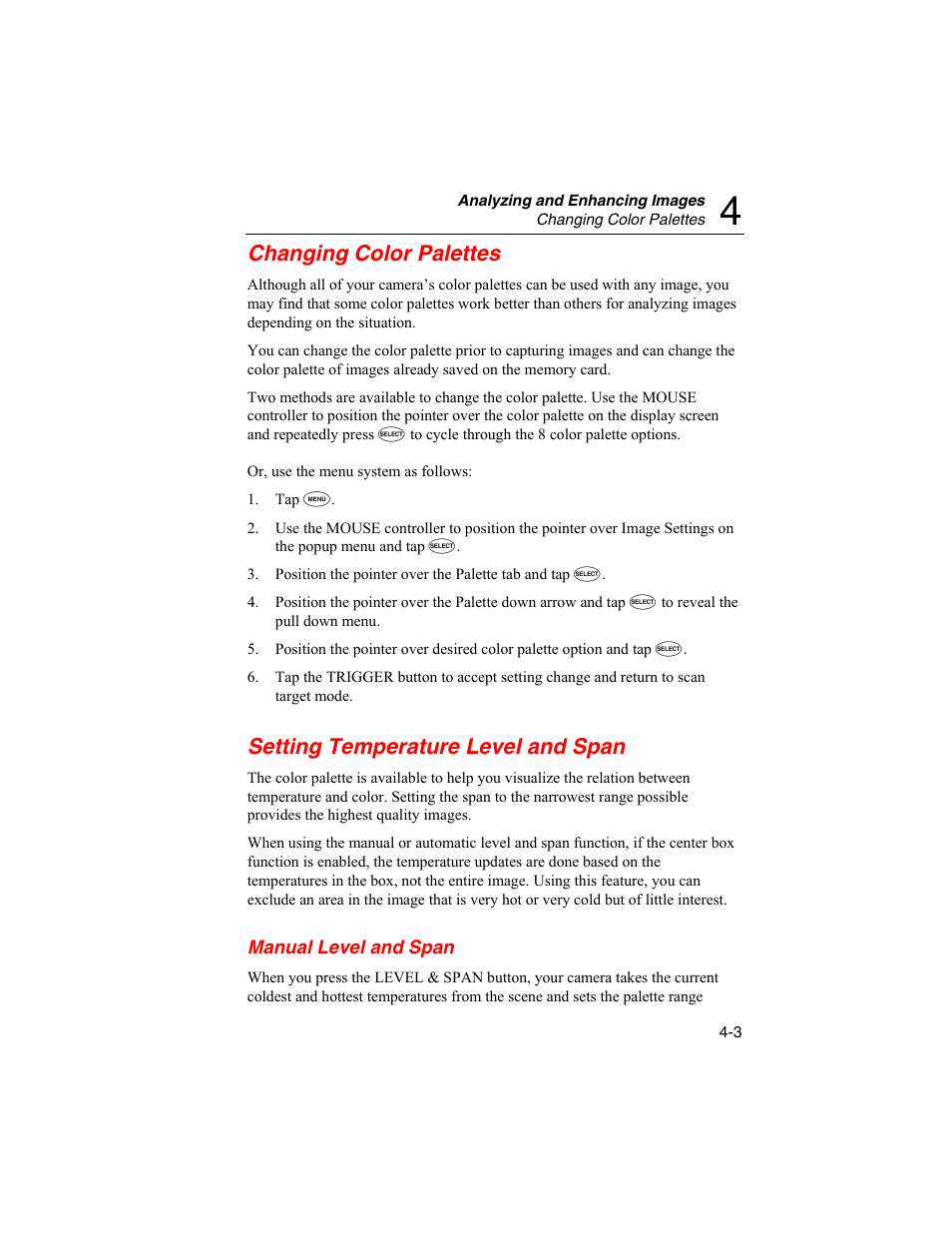 Changing color palettes, Setting temperature level and span, Manual level and span | Fluke Ti45 User Manual | Page 43 / 135