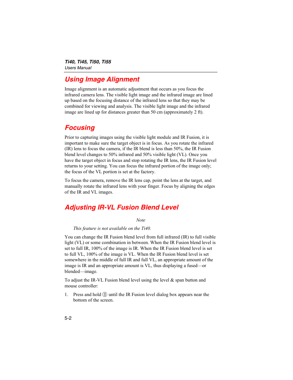 Using image alignment, Focusing, Adjusting ir-vl fusion blend level | Fluke Ti45 User Manual | Page 56 / 135