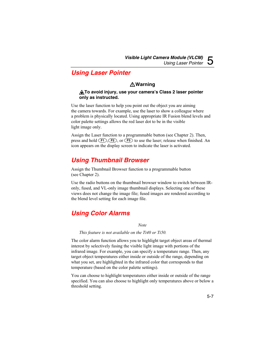 Using laser pointer, Using thumbnail browser, Using color alarms | Fluke Ti45 User Manual | Page 61 / 135