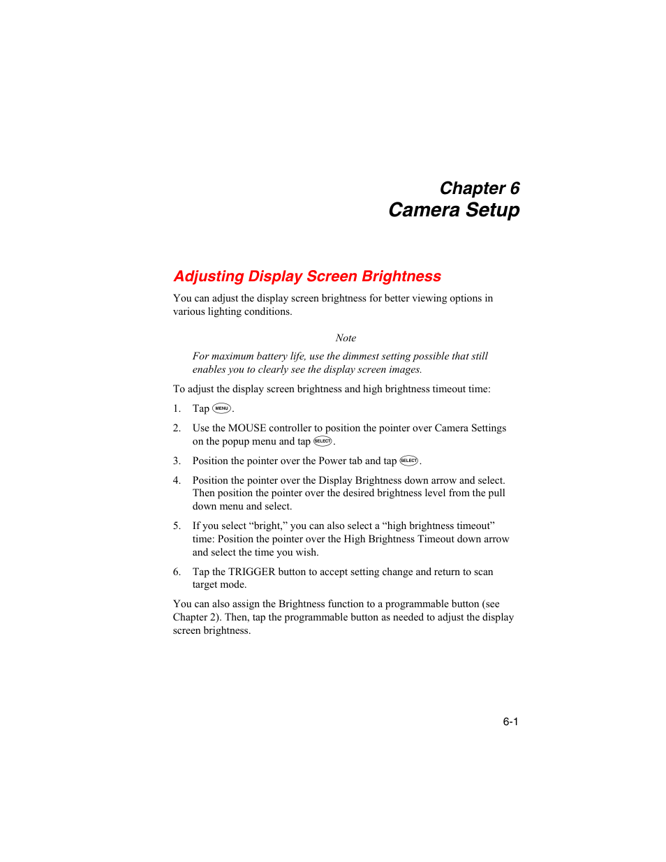 Camera setup, Adjusting display screen brightness, Chapter 6 | Fluke Ti45 User Manual | Page 65 / 135