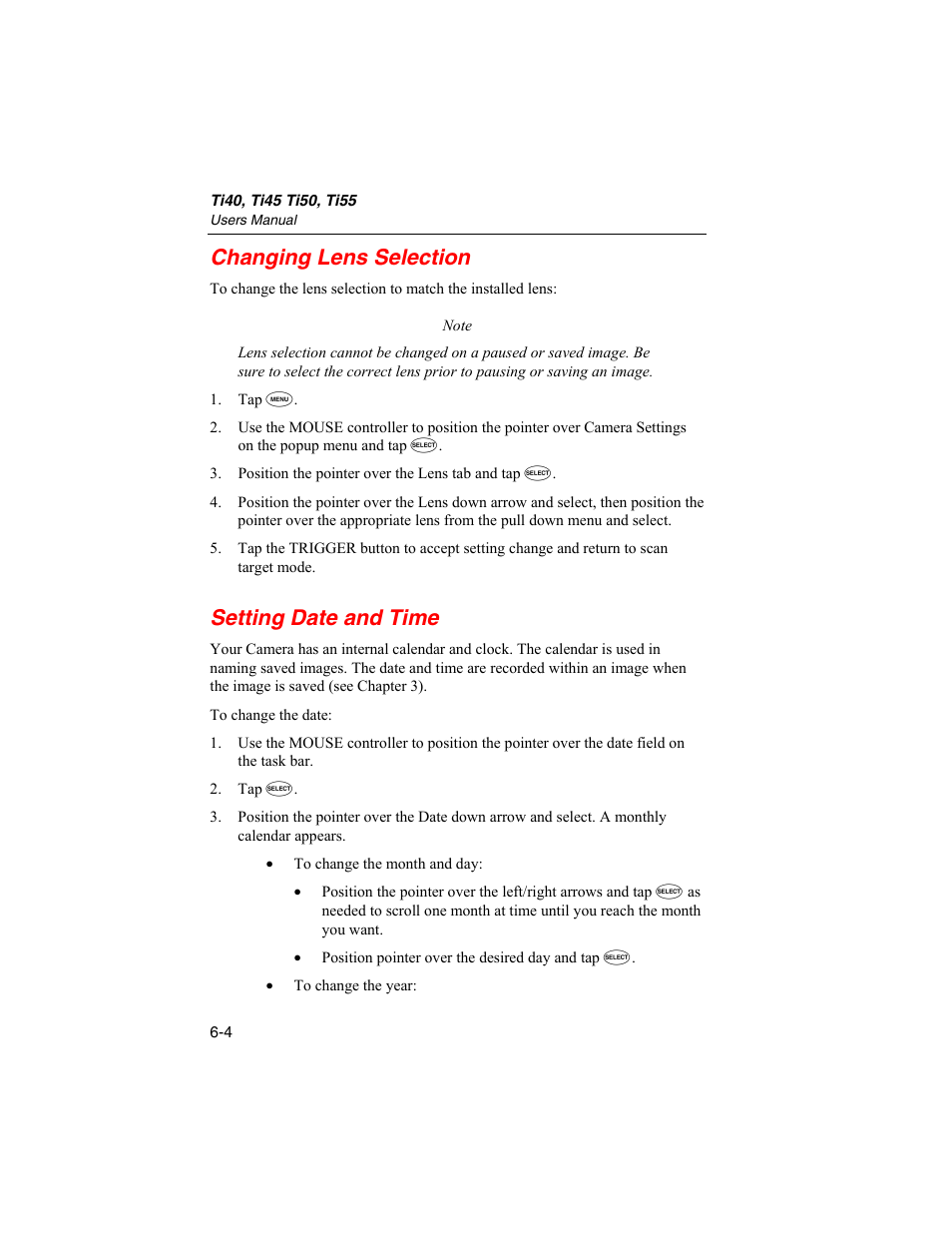 Changing lens selection, Setting date and time | Fluke Ti45 User Manual | Page 68 / 135