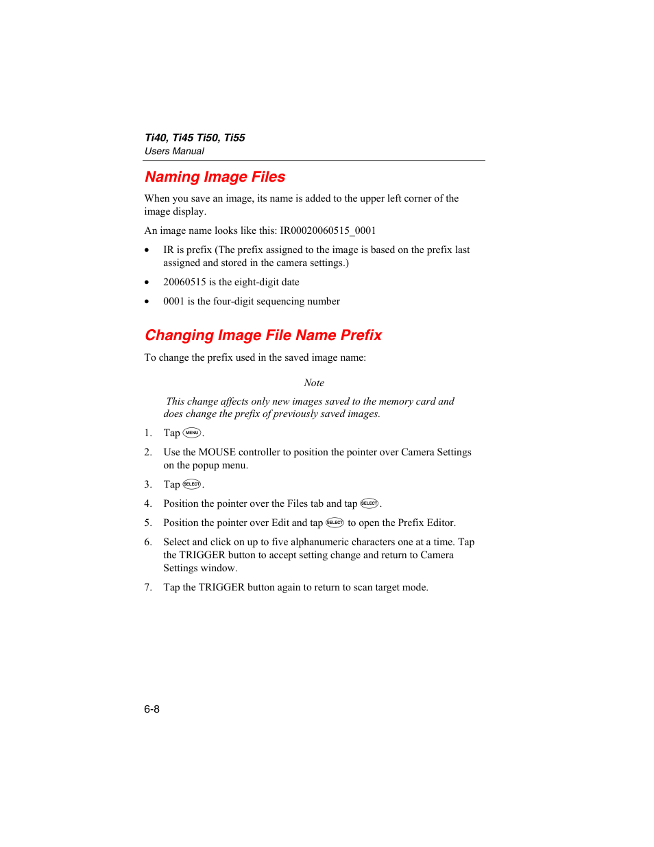 Naming image files, Changing image file name prefix | Fluke Ti45 User Manual | Page 72 / 135