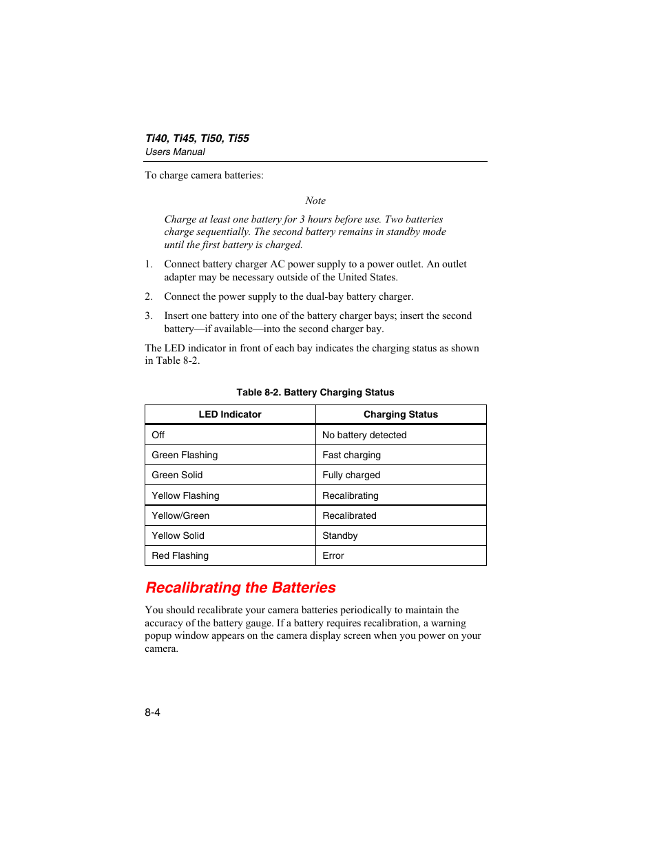 Recalibrating the batteries | Fluke Ti45 User Manual | Page 87 / 135