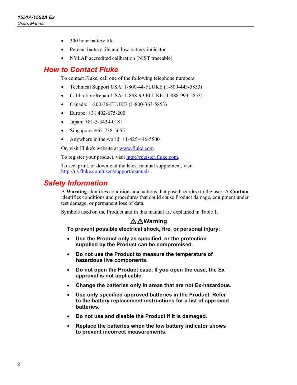 How to contact fluke, Safety information | Fluke STIK 1551A EX User Manual | Page 10 / 22