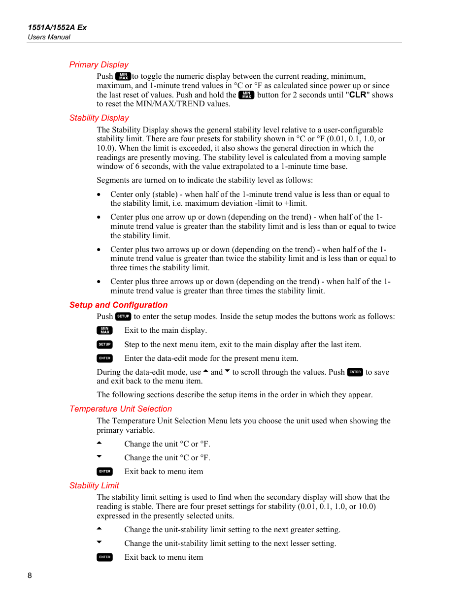Primary display, Stability display, Setup and configuration | Temperature unit selection, Stability limit | Fluke STIK 1551A EX User Manual | Page 16 / 22