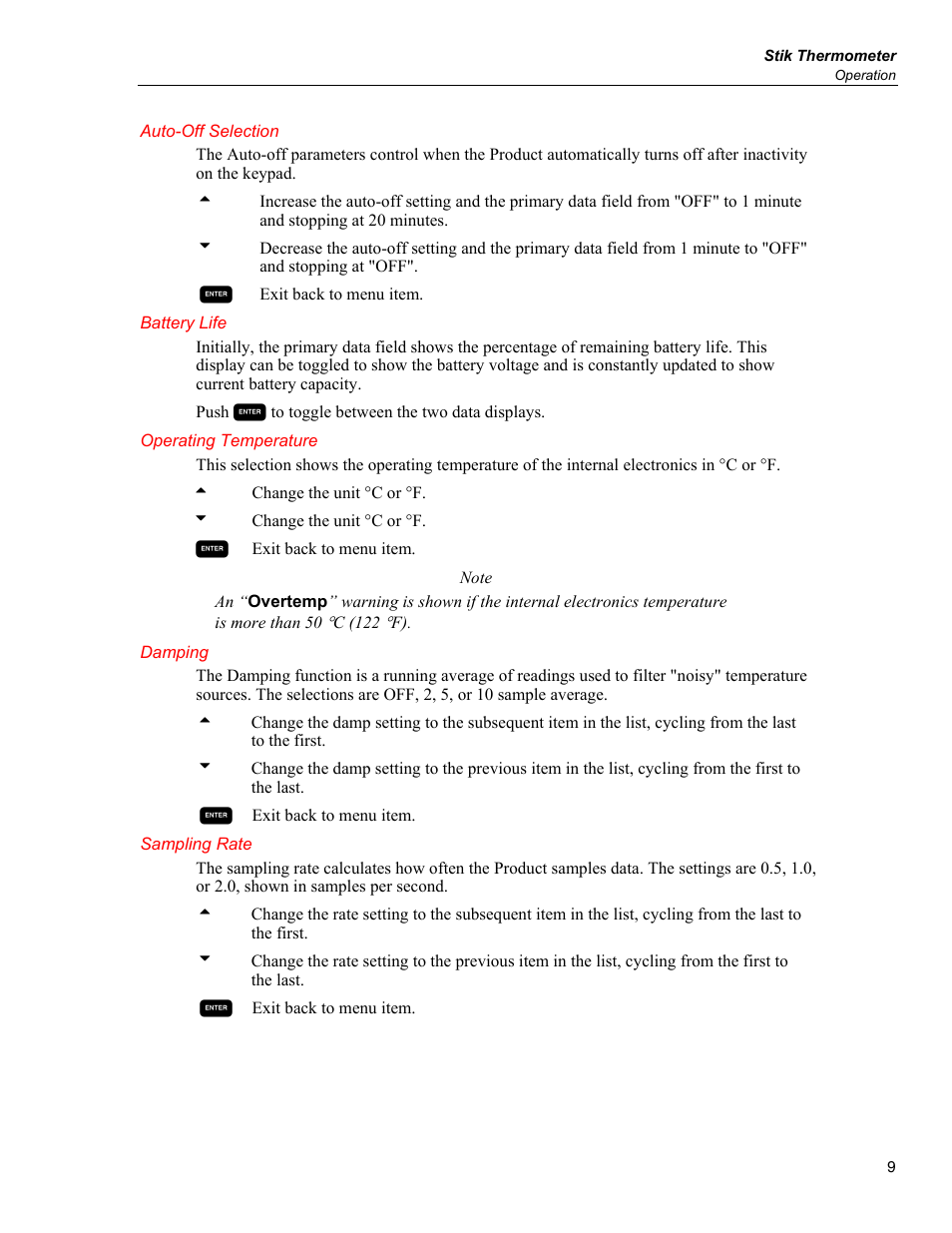 Auto-off selection, Battery life, Operating temperature | Damping, Sampling rate | Fluke STIK 1551A EX User Manual | Page 17 / 22