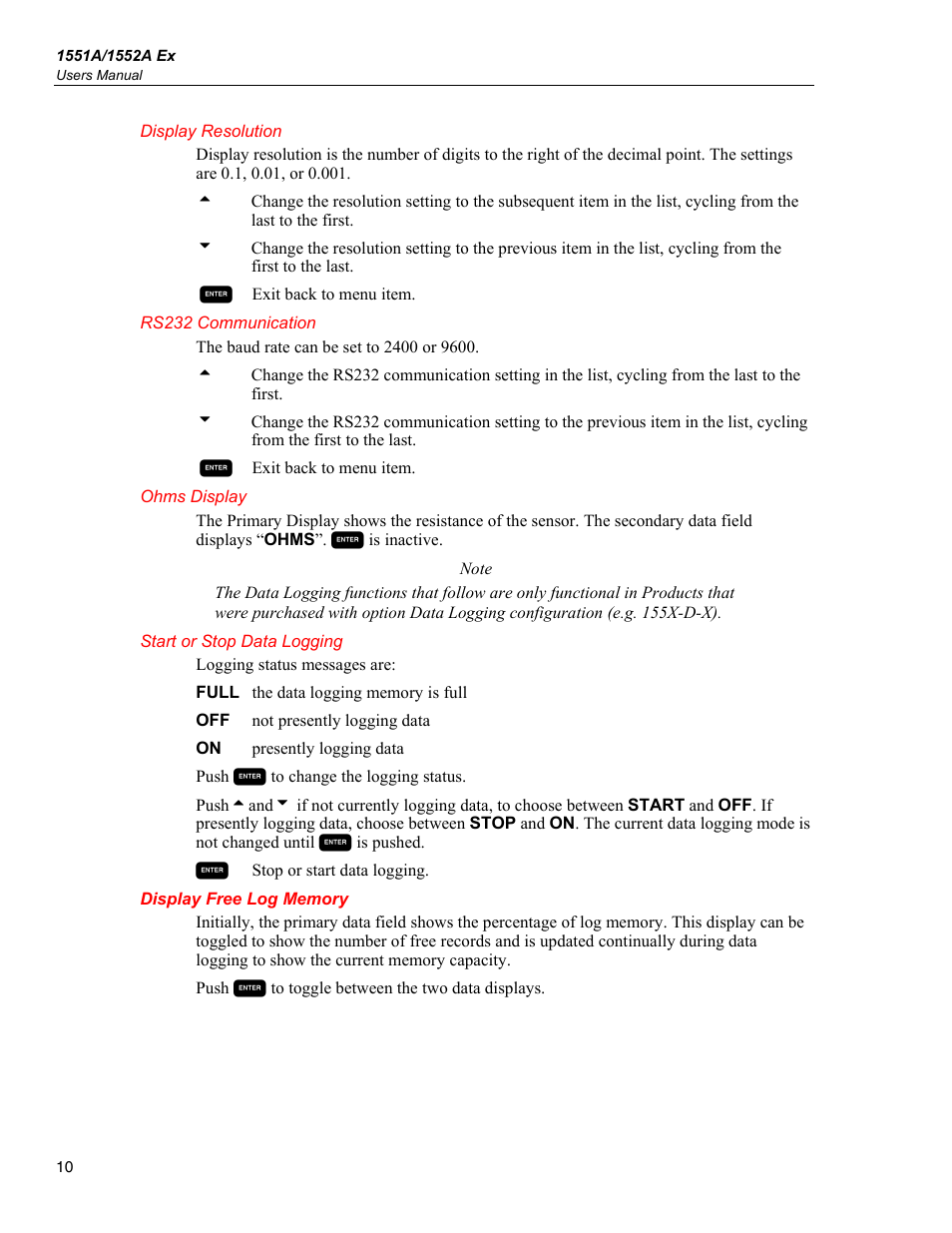 Display resolution, Rs232 communication, Ohms display | Start or stop data logging, Display free log memory | Fluke STIK 1551A EX User Manual | Page 18 / 22