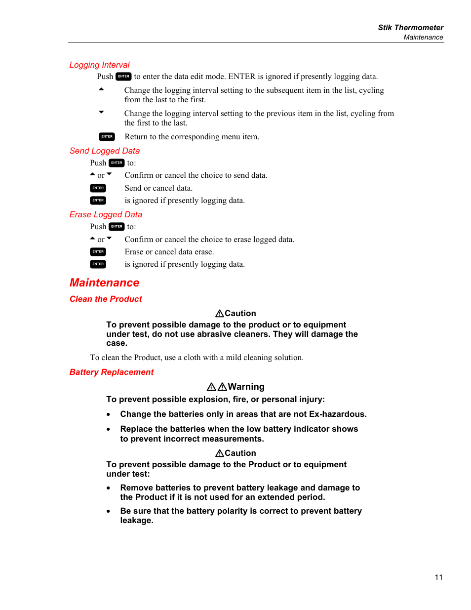 Logging interval, Send logged data, Erase logged data | Maintenance, Clean the product, Battery replacement | Fluke STIK 1551A EX User Manual | Page 19 / 22