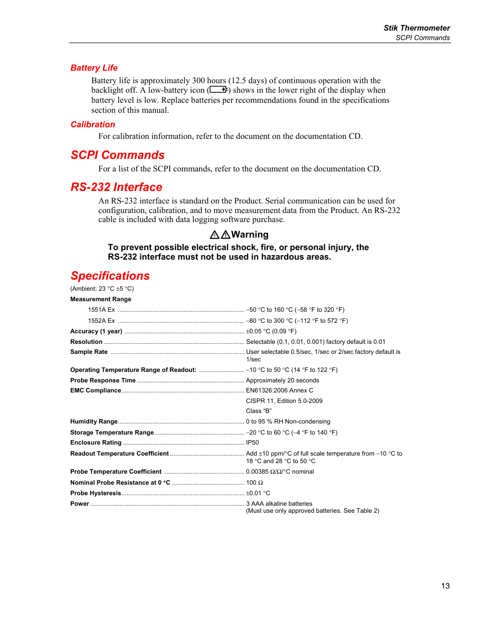Battery life, Calibration, Scpi commands | Rs-232 interface, Specifications, Xw warning | Fluke STIK 1551A EX User Manual | Page 21 / 22