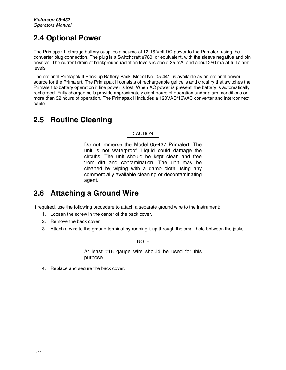 4 optional power, 5 routine cleaning, 6 attaching a ground wire | Fluke VICTOREEN 05-437 User Manual | Page 10 / 20