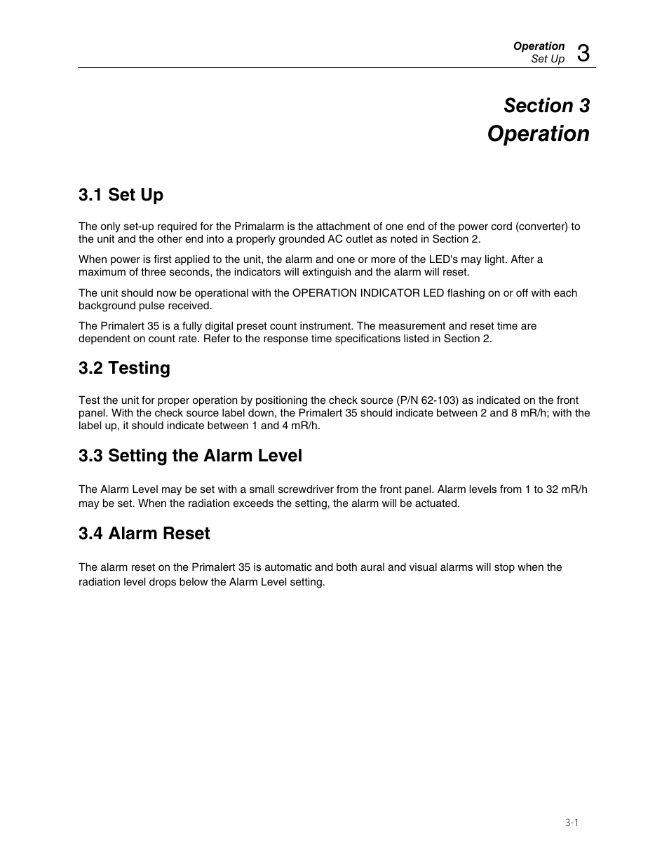 Operation, 1 set up, 2 testing | 3 setting the alarm level, 4 alarm reset | Fluke VICTOREEN 05-437 User Manual | Page 11 / 20