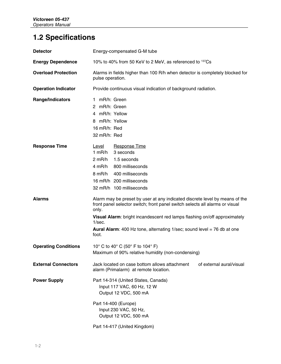 2 specifications | Fluke VICTOREEN 05-437 User Manual | Page 6 / 20