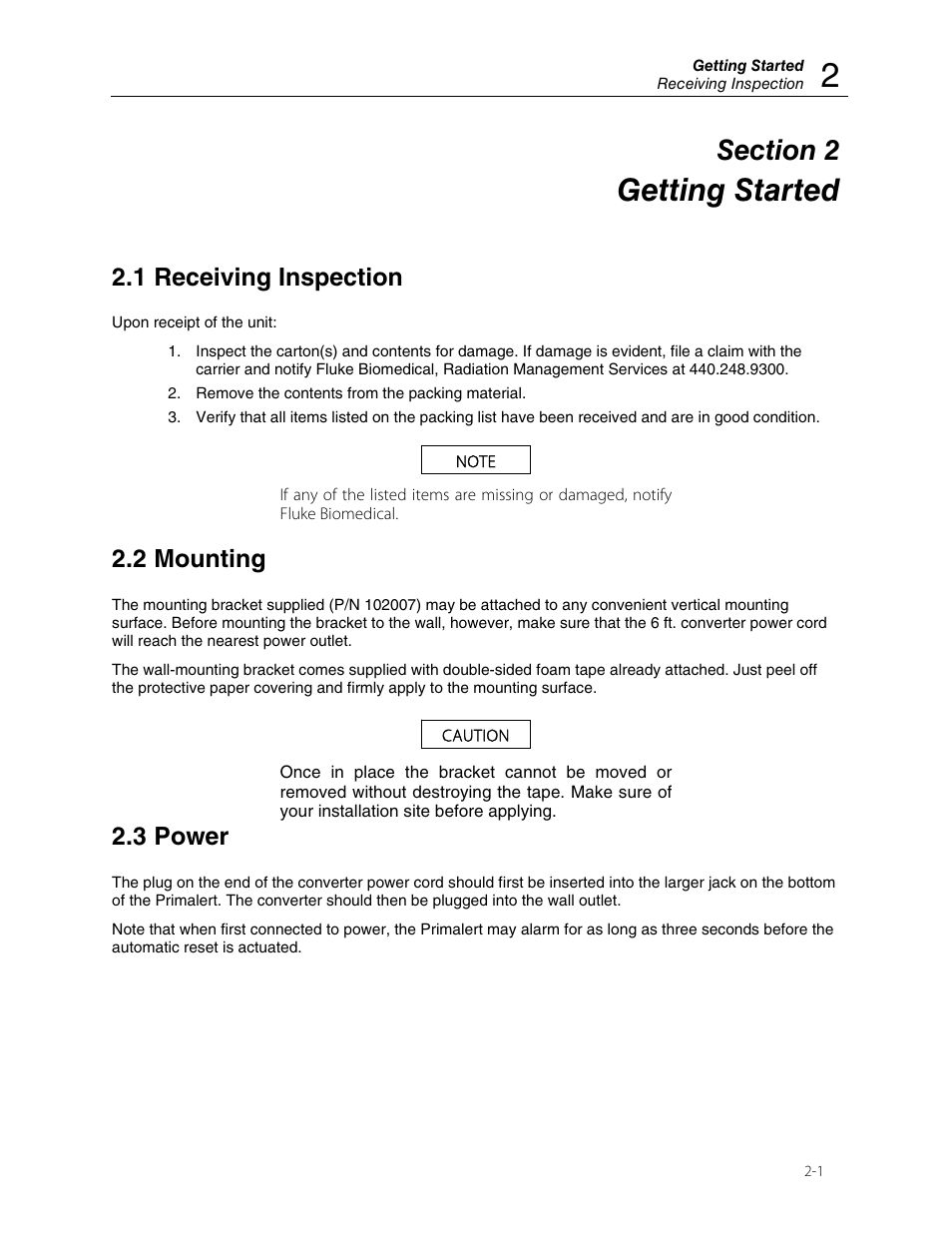 Getting started, 1 receiving inspection, 2 mounting | 3 power | Fluke VICTOREEN 05-437 User Manual | Page 9 / 20