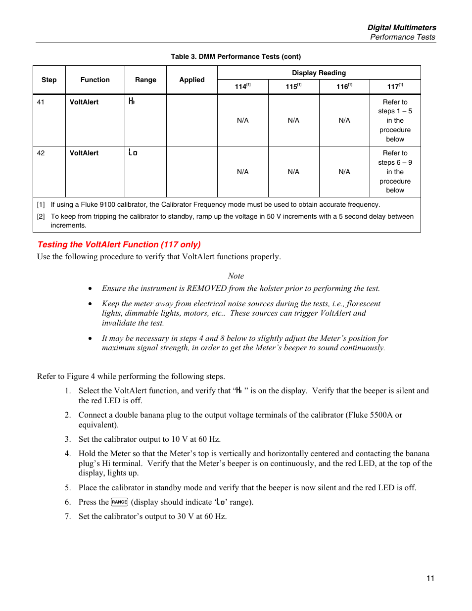 Testing the voltalert function (117 only) | Fluke 115 User Manual | Page 11 / 20