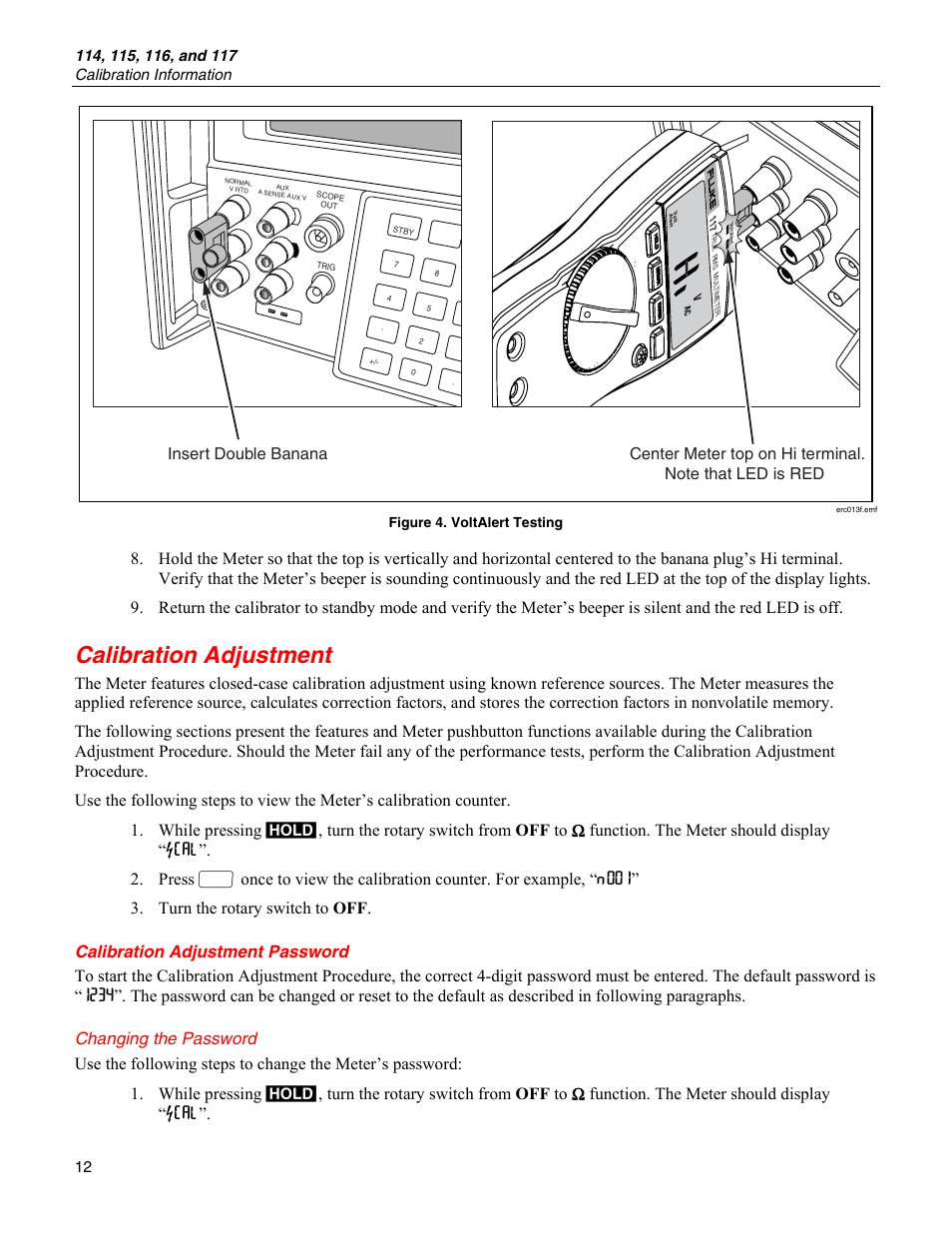 Calibration adjustment, Calibration adjustment password, Changing the password | Fluke 115 User Manual | Page 12 / 20