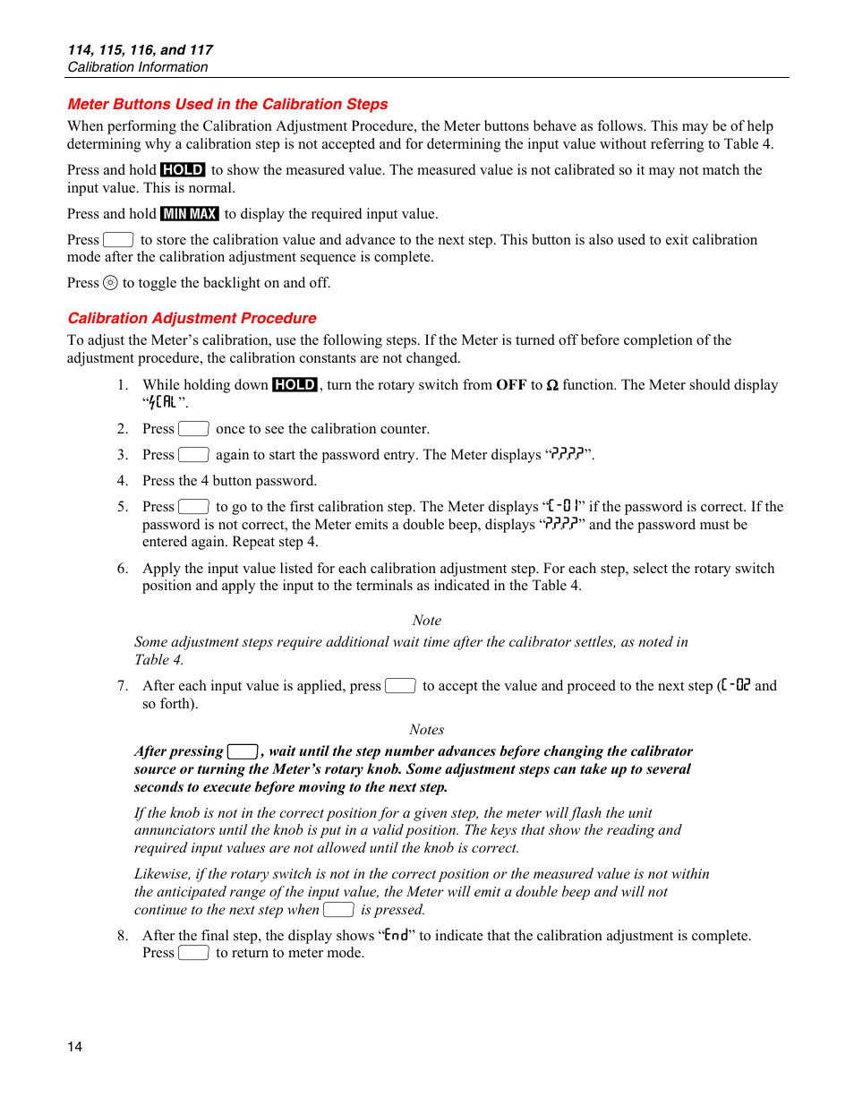 Meter buttons used in the calibration steps, Calibration adjustment procedure | Fluke 115 User Manual | Page 14 / 20