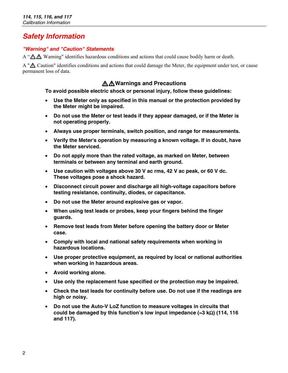 Safety information, Warning" and "caution" statements | Fluke 115 User Manual | Page 2 / 20