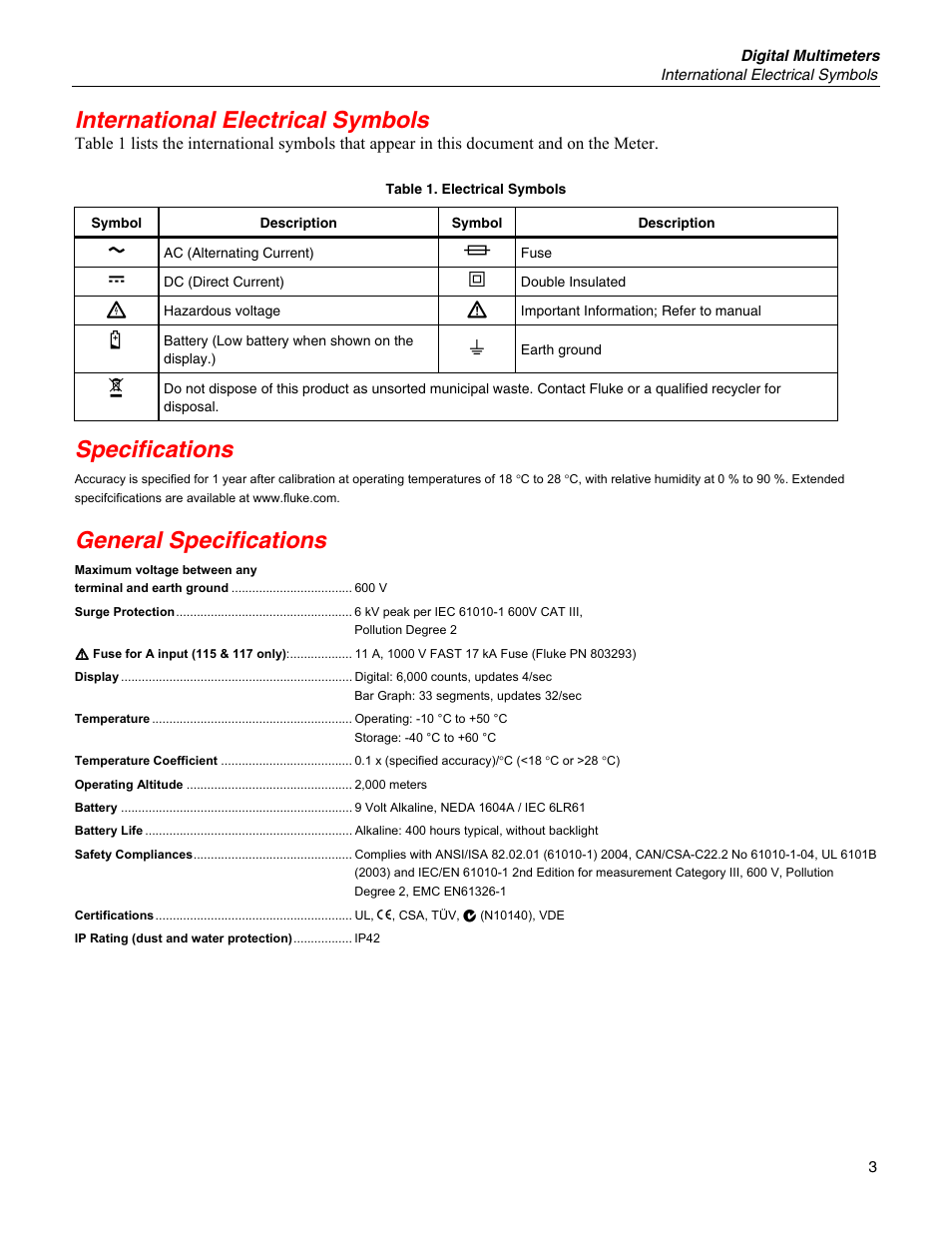 International electrical symbols, Specifications, General specifications | Fluke 115 User Manual | Page 3 / 20