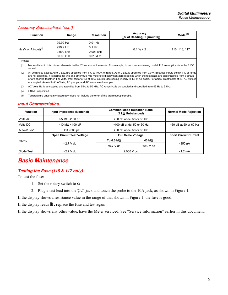 Input characteristics, Basic maintenance, Testing the fuse (115 & 117 only) | Accuracy specifications (cont) | Fluke 115 User Manual | Page 5 / 20