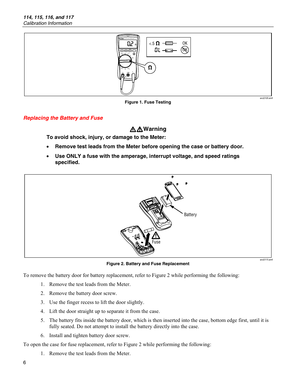 Replacing the battery and fuse, Xw warning, Voltale rt | Figure 1. fuse testing, Fuse battery, Figure 2. battery and fuse replacement | Fluke 115 User Manual | Page 6 / 20
