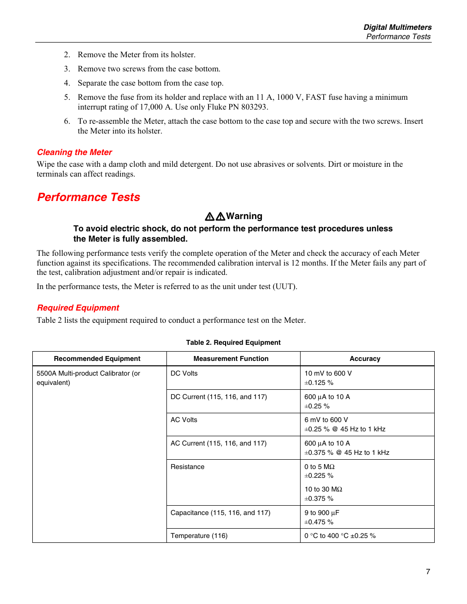 Cleaning the meter, Performance tests, Required equipment | Fluke 115 User Manual | Page 7 / 20