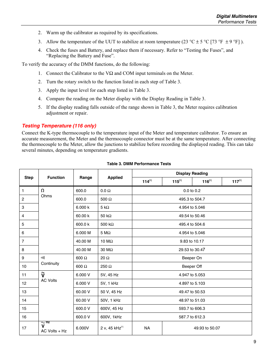 Testing temperature (116 only) | Fluke 115 User Manual | Page 9 / 20