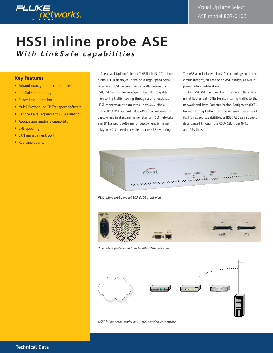 Hssi inline ase model 106, Hssi i nline probe ase, Technical data | Visual uptime | Fluke 807-0115 User Manual | Page 11 / 34