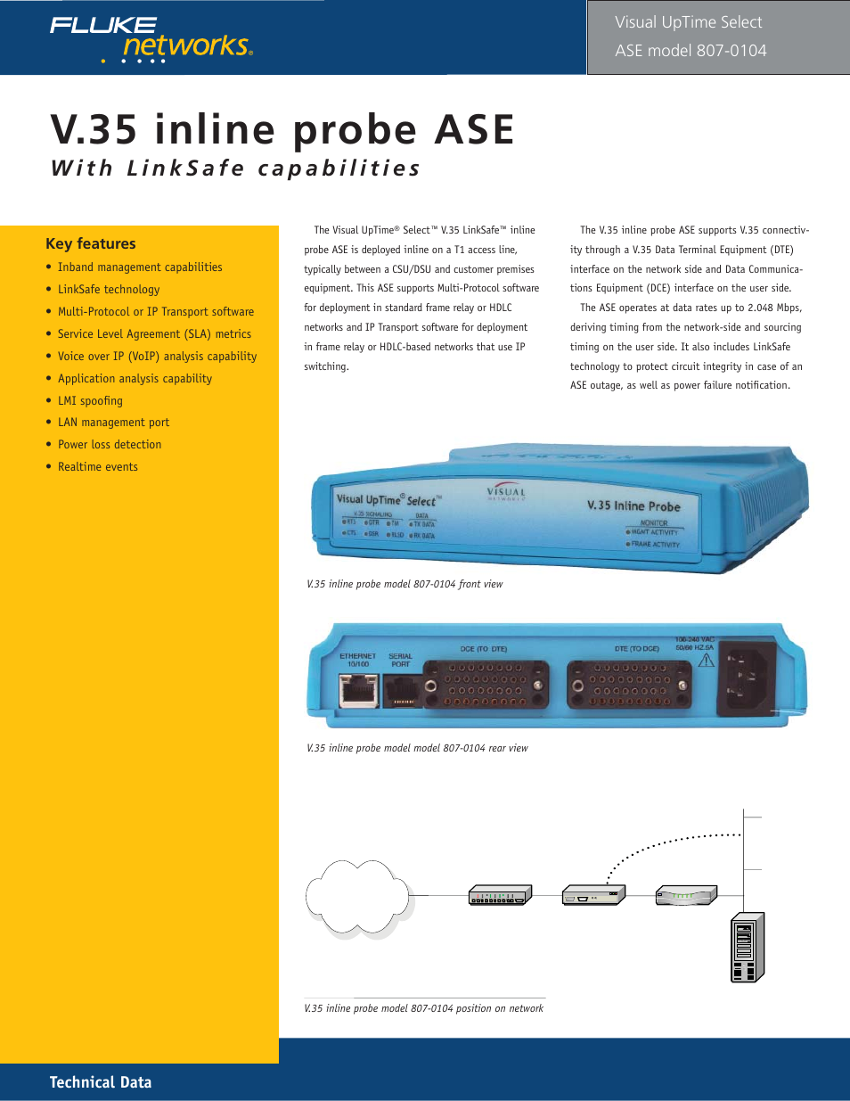 V35 inline ase model 104, V.35 i nline probe ase, Technical data | Visual uptime | Fluke 807-0115 User Manual | Page 13 / 34