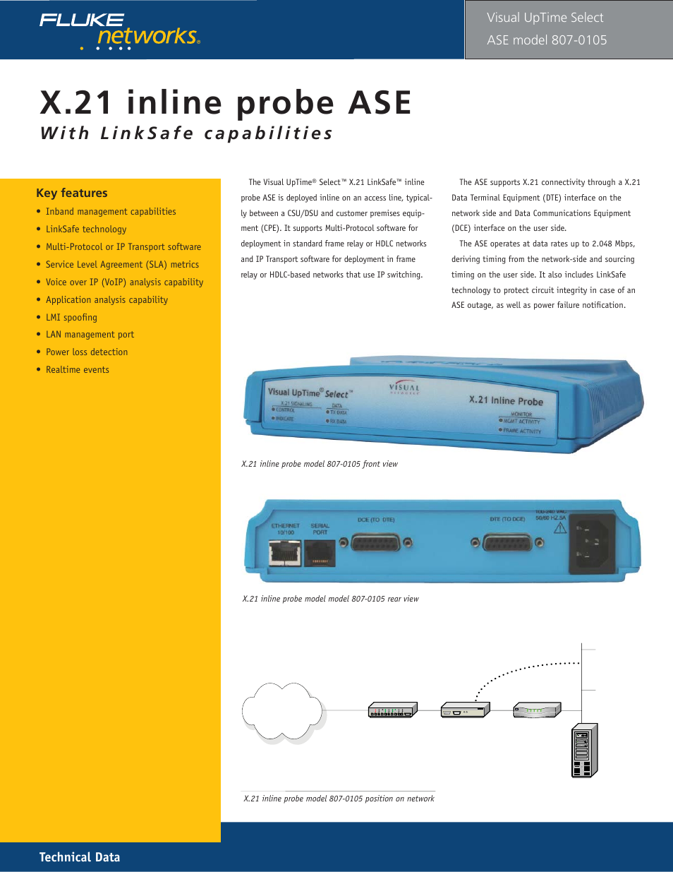 X21 inline ase model 105, X.21 i nline probe ase, Technical data | Visual uptime | Fluke 807-0115 User Manual | Page 15 / 34
