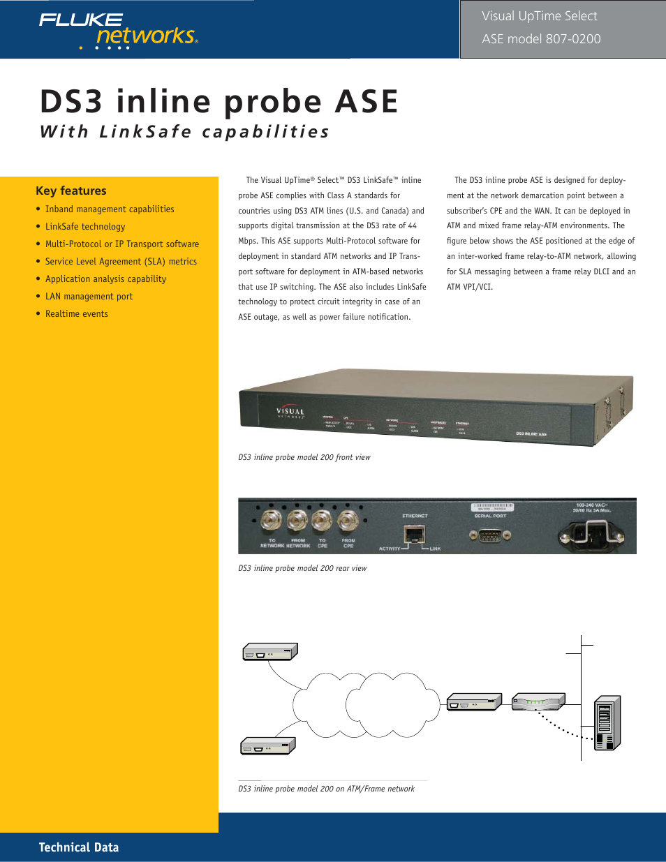 Ds3 inline ase model 200, Ds3 i nline probe ase, Technical data | Visual uptime | Fluke 807-0115 User Manual | Page 17 / 34