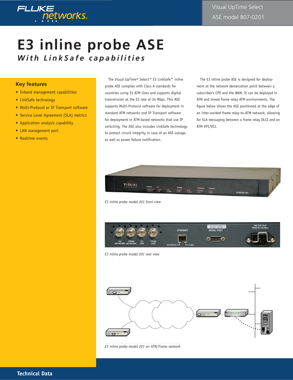 E3 inline ase model 201, E3 i nline probe ase, Technical data | Fluke 807-0115 User Manual | Page 19 / 34