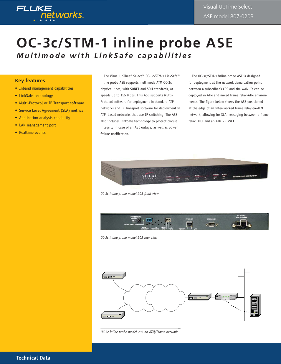 Oc3 inline ase model 203 (multi-mode), Oc-3c/stm-1 i nline probe ase, Technical data | Visual uptime | Fluke 807-0115 User Manual | Page 23 / 34