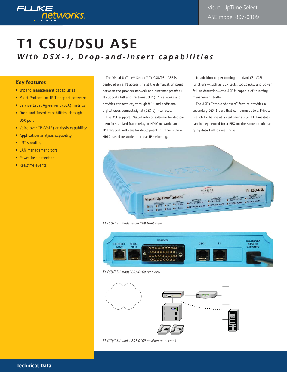 T1 csu/dsu model 109 (with dsx), T1 csu/dsu ase, Technical data | Visual uptime | Fluke 807-0115 User Manual | Page 25 / 34