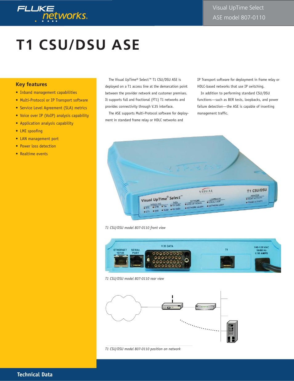 T1 csu/dsu model 110, T1 csu/dsu ase, Technical data | Visual uptime | Fluke 807-0115 User Manual | Page 27 / 34