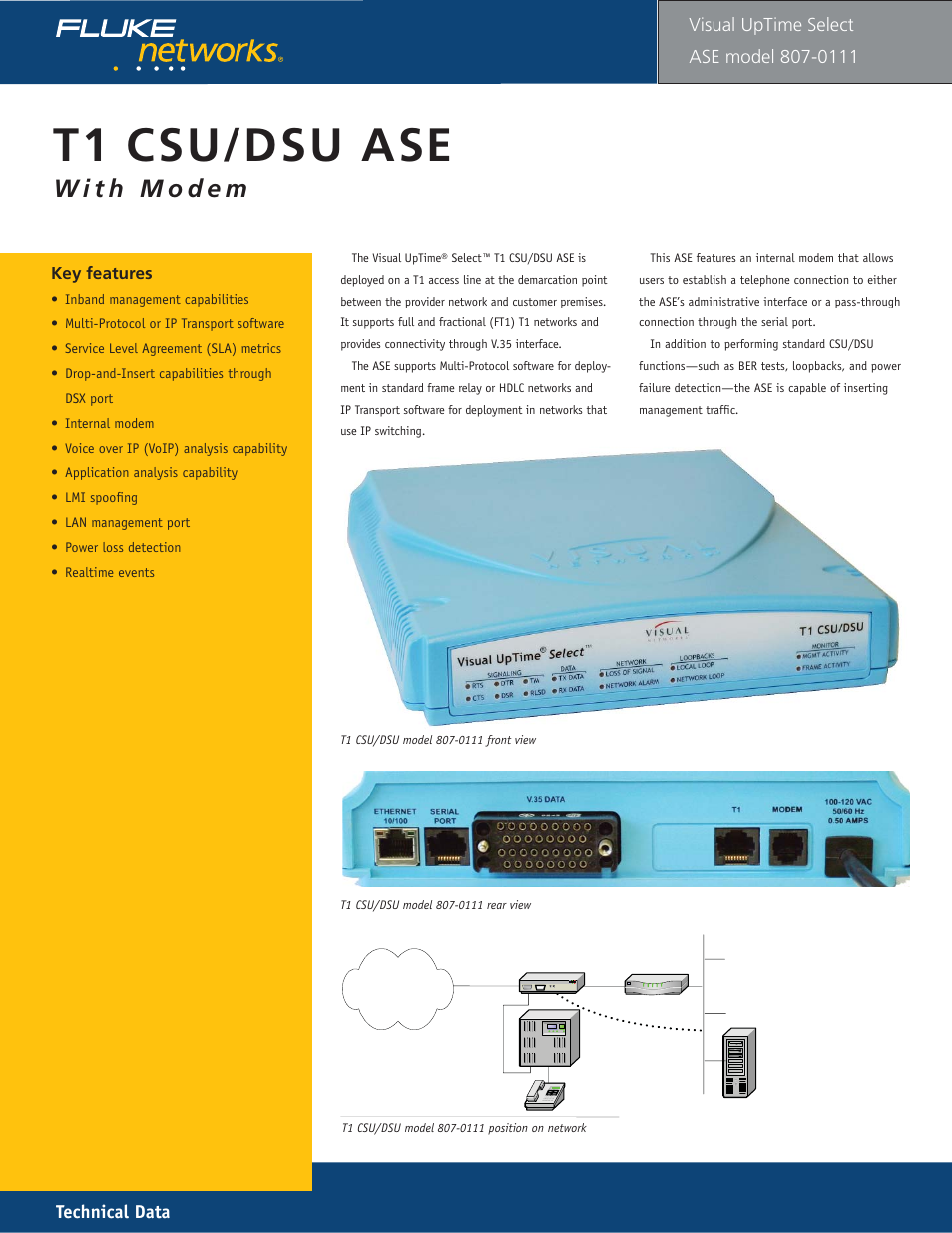 T1 csu/dsu model 111 (with modem), T1 csu/dsu ase, Technical data | Visual uptime | Fluke 807-0115 User Manual | Page 29 / 34