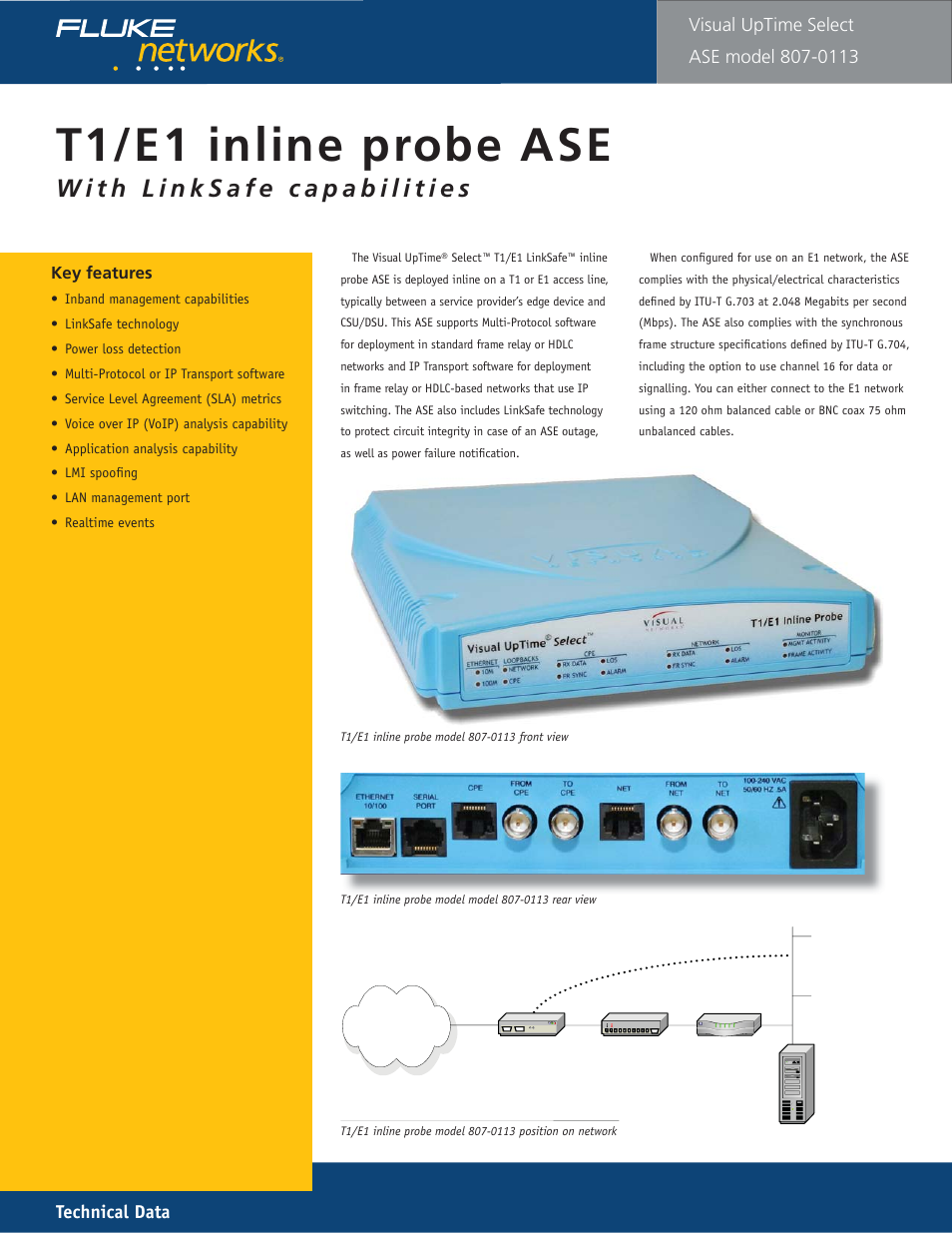 T1/e1 inline ase model 113, T1/e1 i nline probe ase, Technical data | Visual uptime | Fluke 807-0115 User Manual | Page 3 / 34