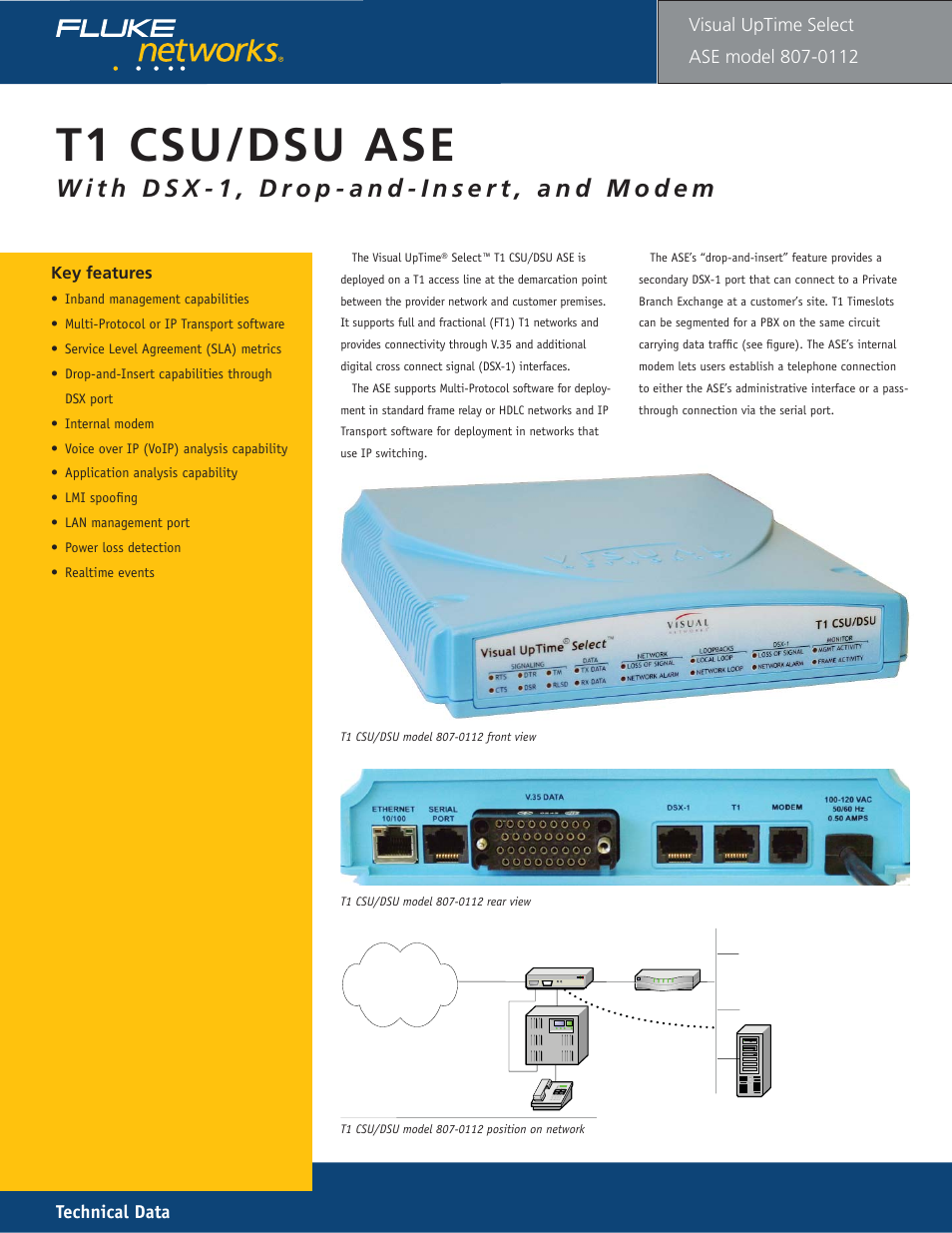T1 csu/dsu model 112 (with modem and dsx), T1 csu/dsu ase, Technical data | Visual uptime | Fluke 807-0115 User Manual | Page 31 / 34