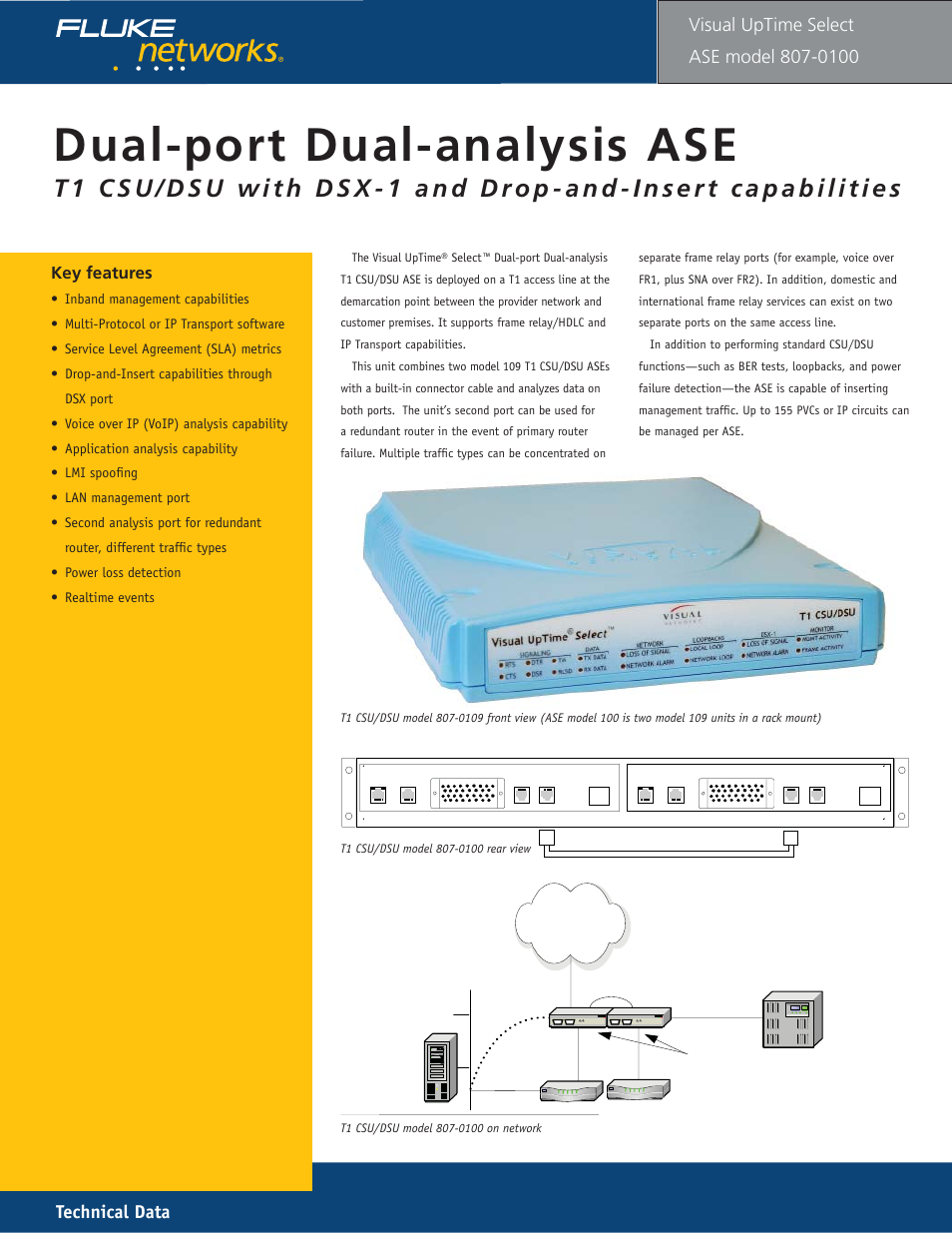 T1 csu/dsu model 100 (dual-port dual-analysis), Dual-port dual-analysis ase, Technical data | Visual uptime, Key features | Fluke 807-0115 User Manual | Page 33 / 34