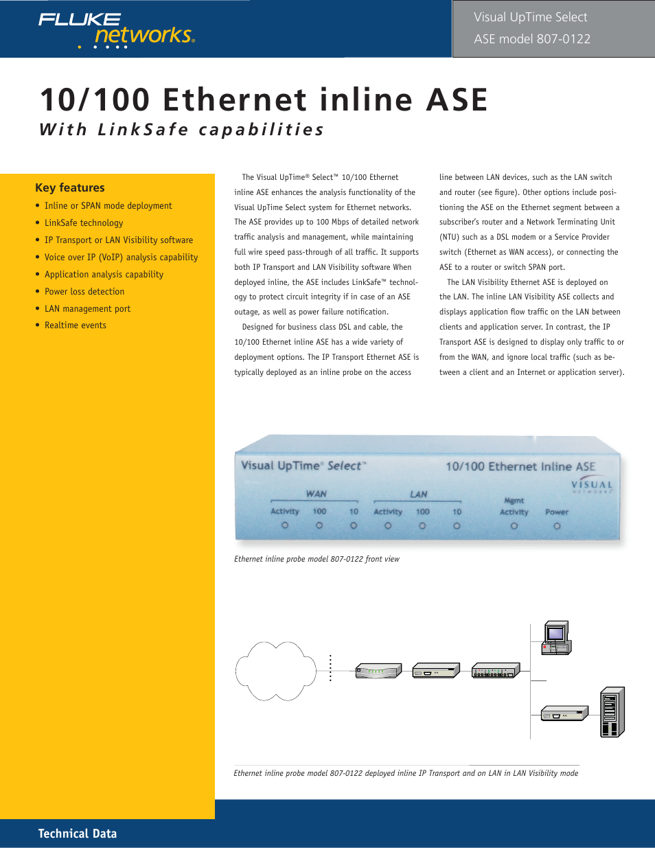 10/100 ethernet inline ase model 122, Technical data, Visual uptime | Fluke 807-0115 User Manual | Page 7 / 34