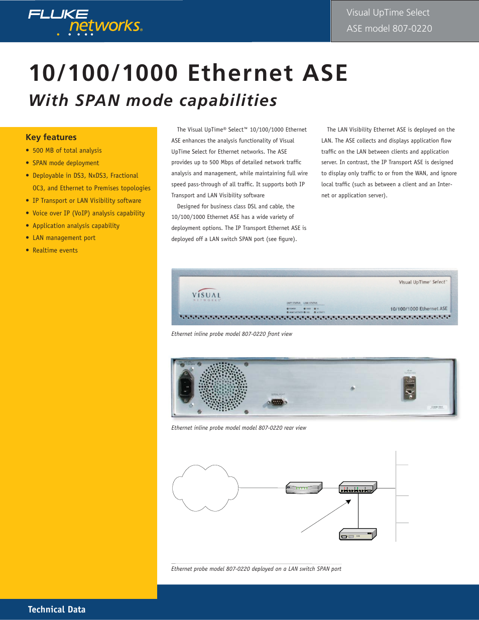 10/100/1000 ethernet ase model 220, With span mode capabilities, Technical data | Visual uptime | Fluke 807-0115 User Manual | Page 9 / 34