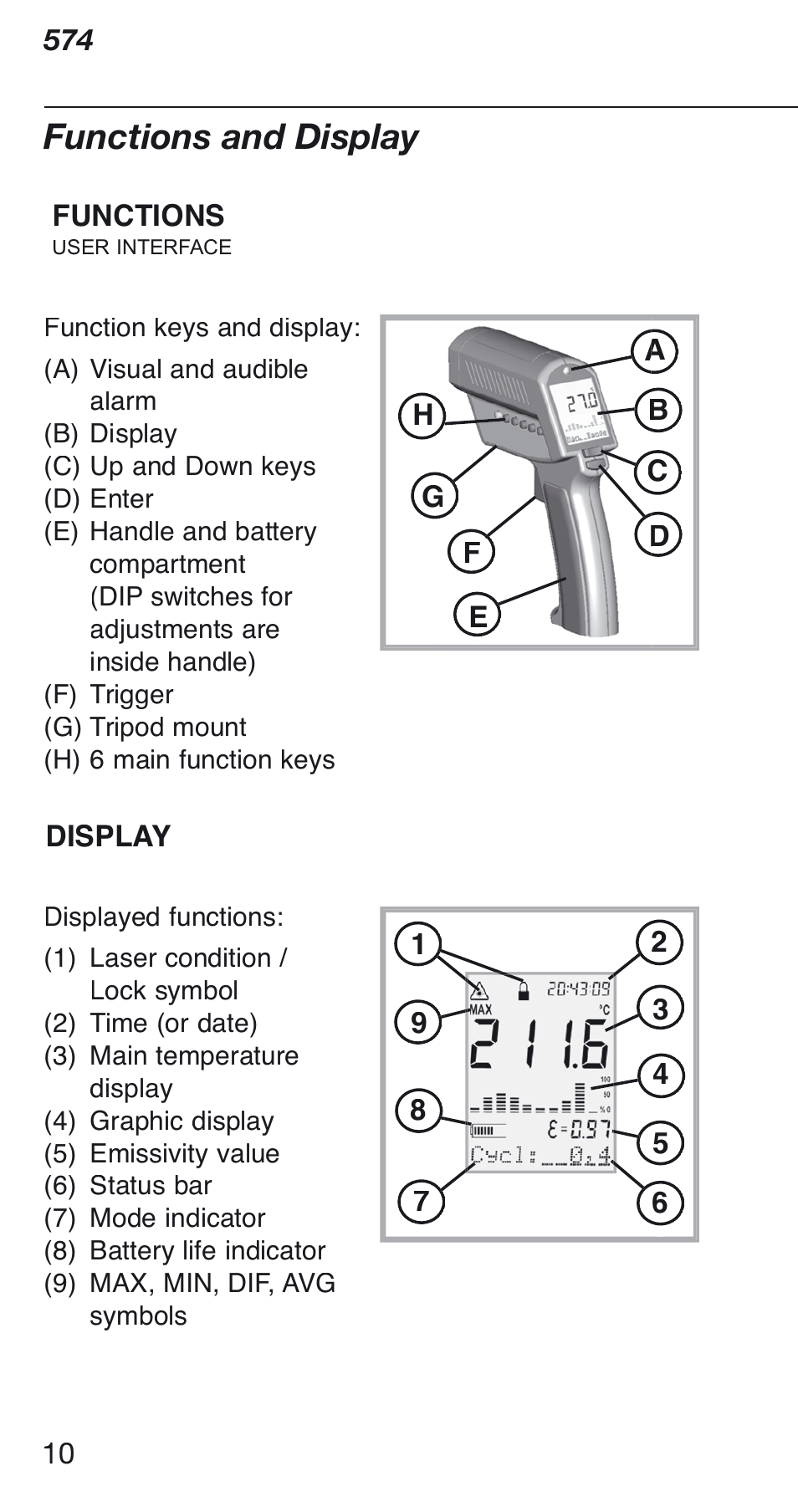 Functions and display | Fluke 574 User Manual | Page 10 / 32