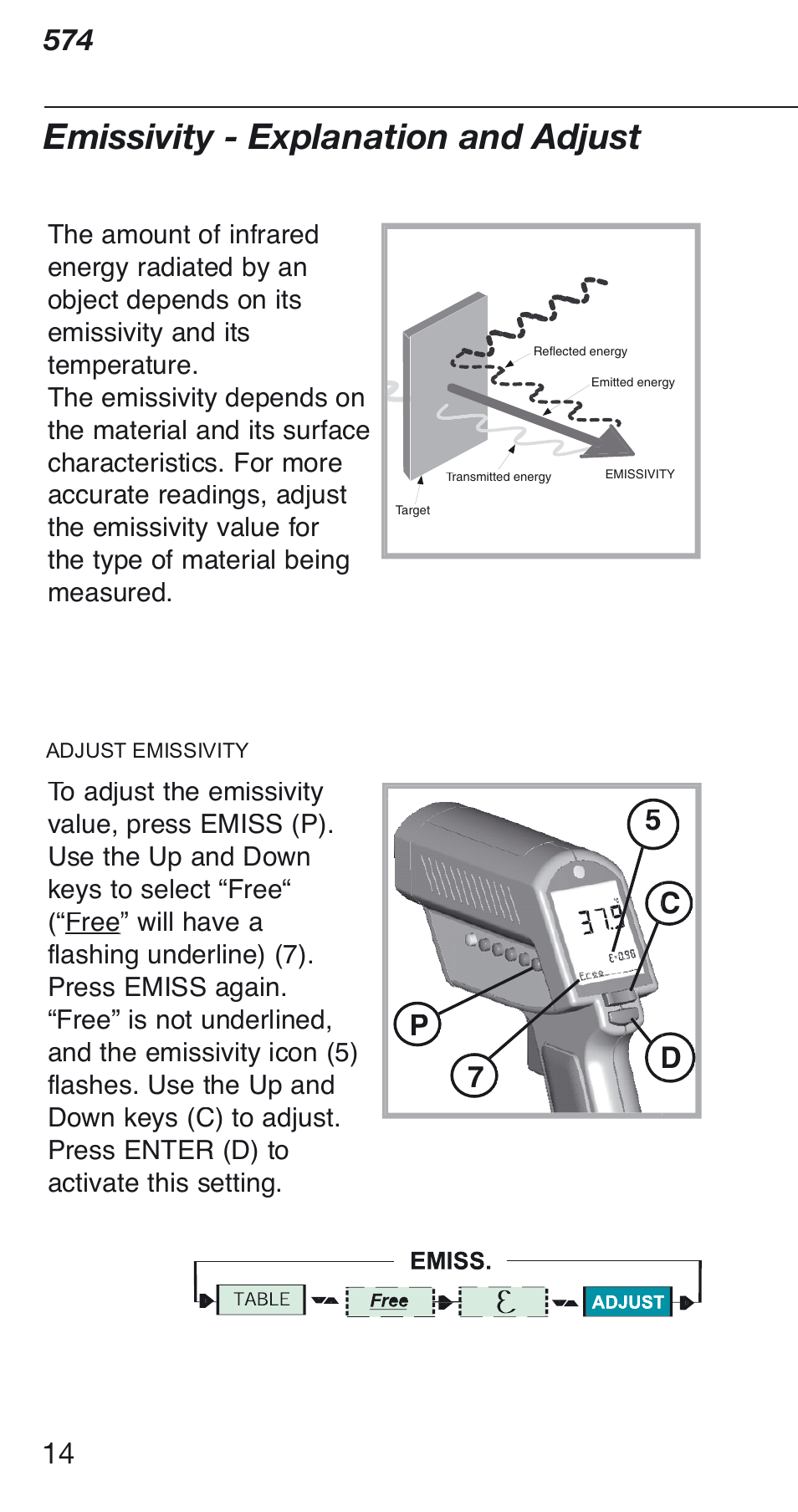 Emissivity - explanation and adjust, Emissivity, P5 7 c d | Fluke 574 User Manual | Page 14 / 32