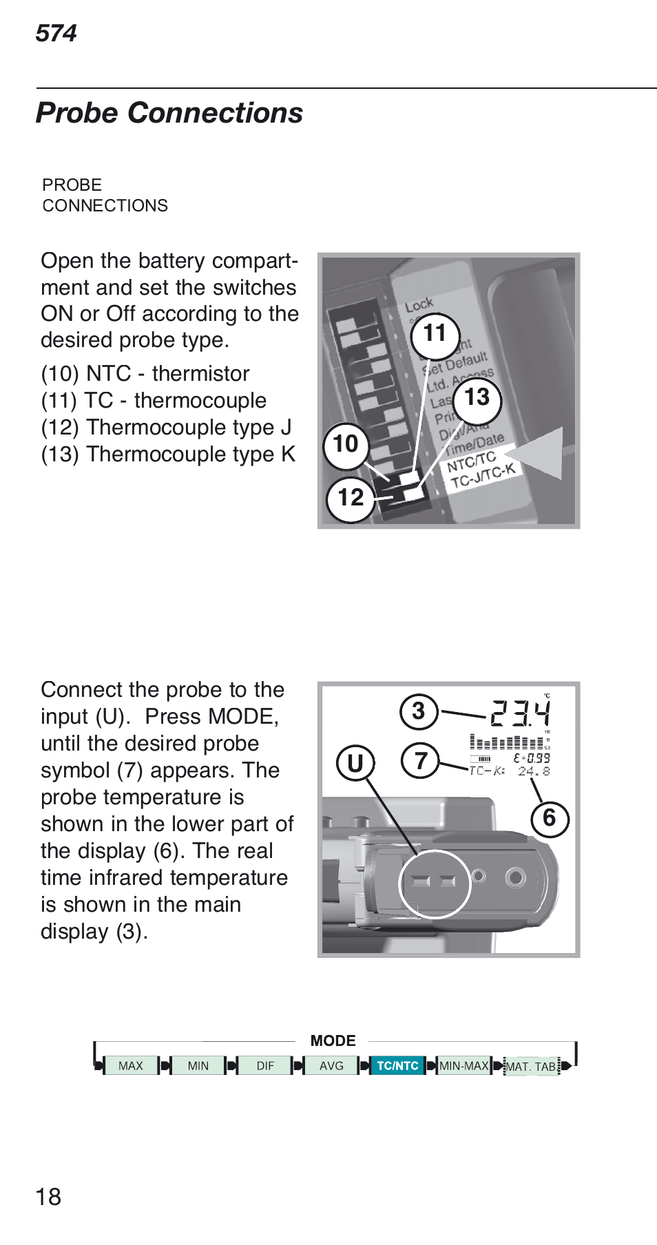 Probe connections | Fluke 574 User Manual | Page 18 / 32