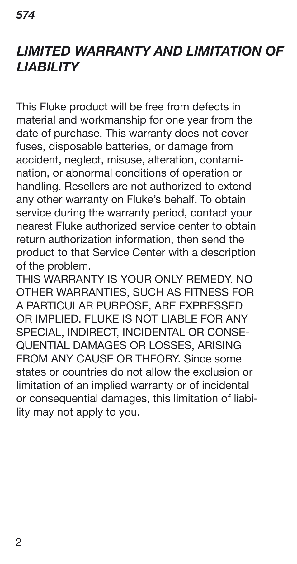 Limited warranty and limitation of liability | Fluke 574 User Manual | Page 2 / 32